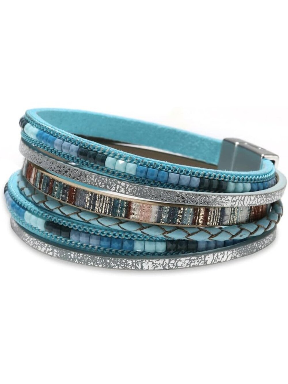 Women's Blue Boho Leopard Multi-layer Crystal Beads Cuff Leather Wrap Bracelets